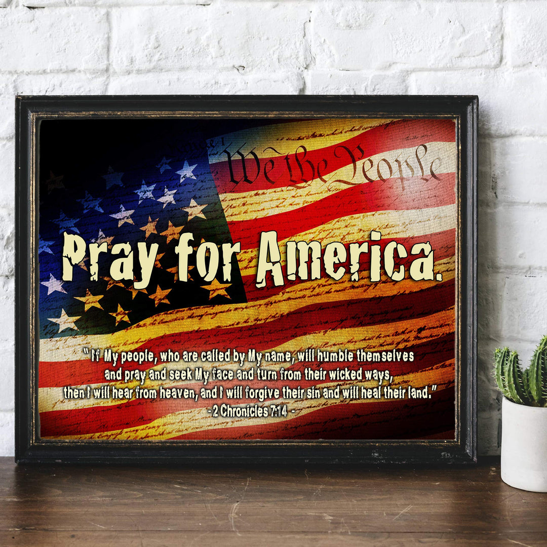 2 Chronicles 7:14-?If My People"-Bible Verse Wall Art -14 x 11" American Flag Scripture Print-Ready to Frame. Inspirational Home-Office-Church-Christian-Patriotic Decor. Reminder to Pray for America!