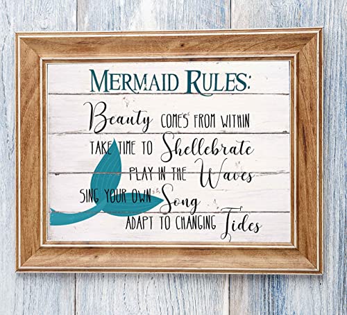 "Mermaid Rules" Inspirational Beach Wall Decor Print-Ready to Frame. -10x8"