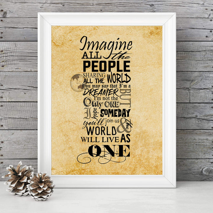Imagine All the People-Sharing All the World-Song Lyrics Wall Art-8 x 10" Typographic Art Print-Ready to Frame. Modern Home-Office-Studio Decor. Perfect Gift for John Lennon &amp; All Beatles Fans!