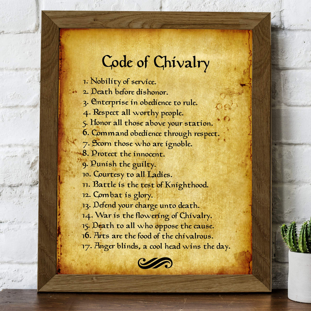 Code of Chivalry Motivational Wall Art for Men -8 x 10" Typographic Poster Print-Ready to Frame. Distressed Parchment Design. Home-Office-Man Cave-School Decor. Great Advice for All Gentlemen!