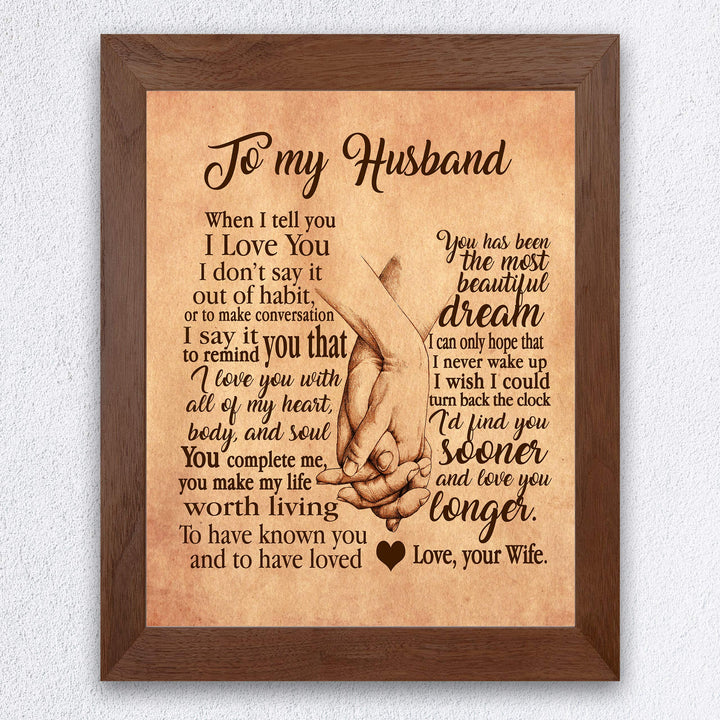 To My Husband-Love &amp; Marriage Wall Art Decor -8 x 10" Distressed Parchment Print with Holding Hands Image-Ready to Frame. Loving Keepsake for Spouses, Newlyweds. Perfect Wedding-Anniversary Gift!