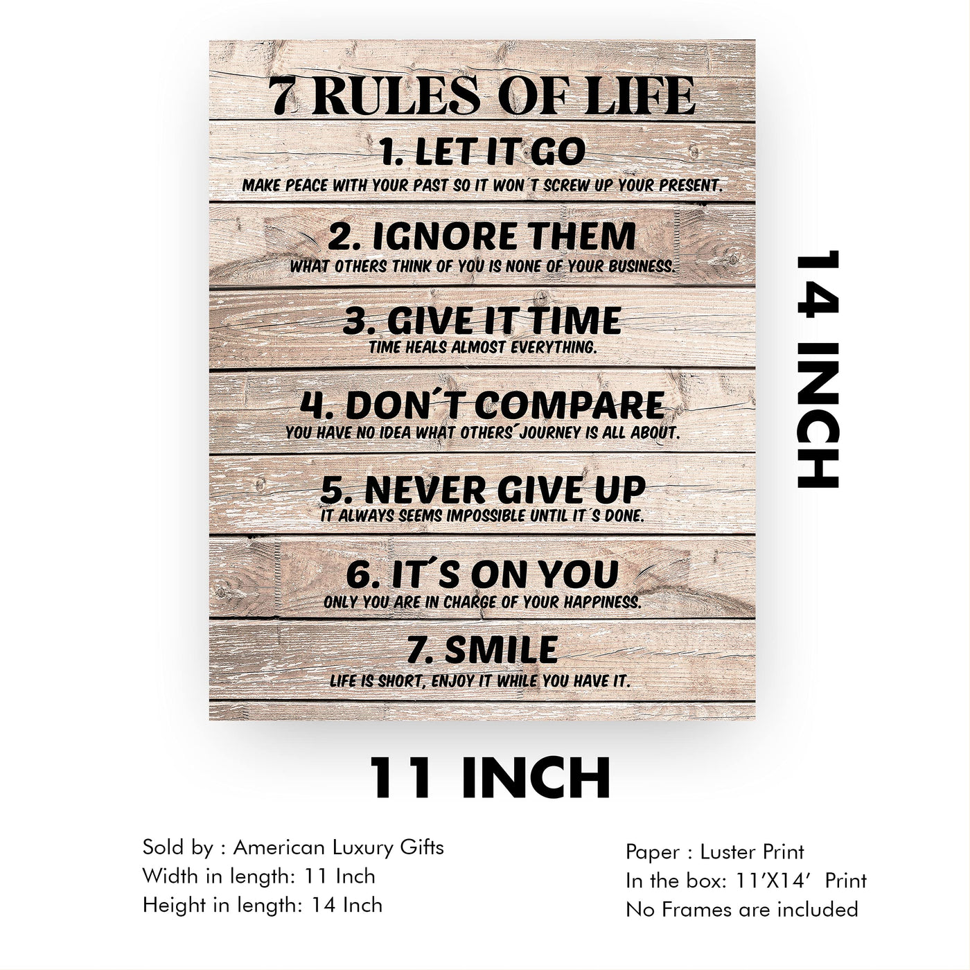 Seven Rules of Life Inspirational Quotes Wall Art-11 x 14" Motivational Poster Print w/Replica Wood Design-Ready to Frame. Home-Office-School Decor. Great for Inspiration! Printed on Photo Paper.