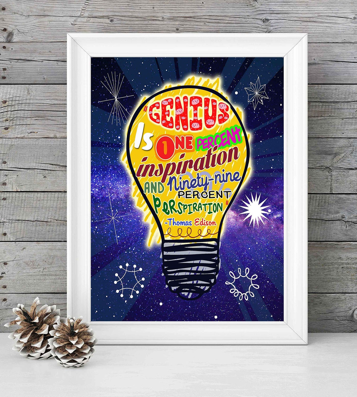 Thomas Edison-"Genius-1% Inspiration-99% Perspiration"-Motivational Quotes Wall Sign-8 x 10" Starry Night Print w/Artistic Light Bulb Image-Ready To Frame. Inspirational Home-Office-Classroom Decor!