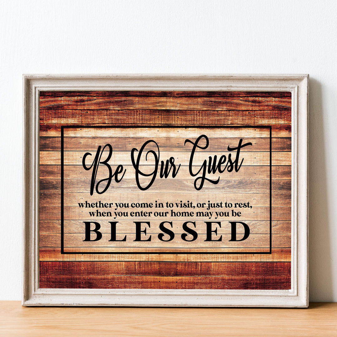 Be Our Guest-Be Blessed- Wood Replica Wall Art- 14 x 11"-Ready to Frame. Rustic Typographic Wall Print Ideal for Home-Guest Room-B&amp;B-Cabin-Lake-Beach House Decor. Printed on Paper, Not Wood.