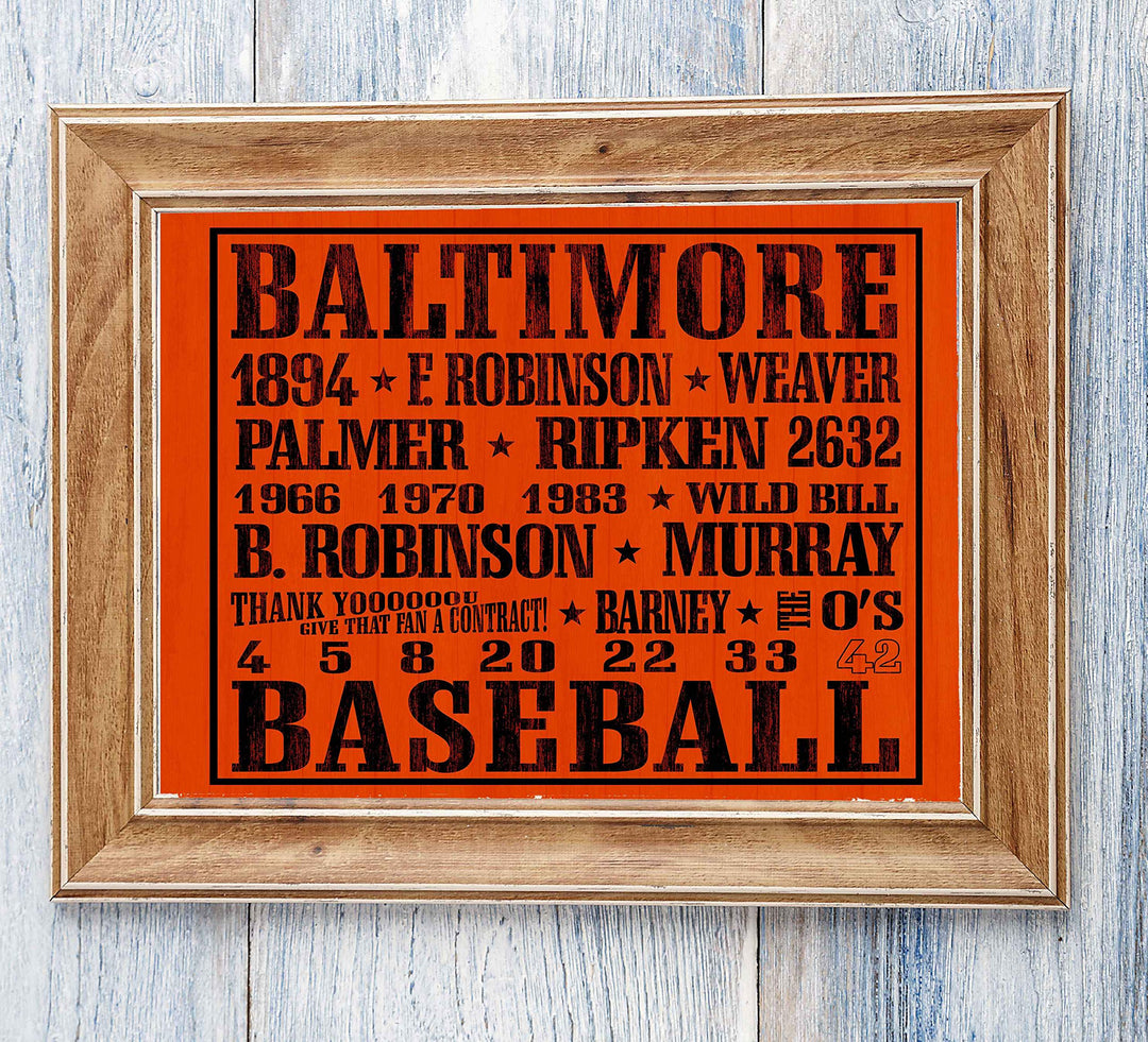 Baseball-Baltimore Orioles-Famous MLB Players Wall Art Decor-10 x 8"-Vintage Sports Poster Print-Ready to Frame. Ideal Decor for Home-Office-Bar-Locker Room-Man Cave. Great Gift for Orioles Fans!