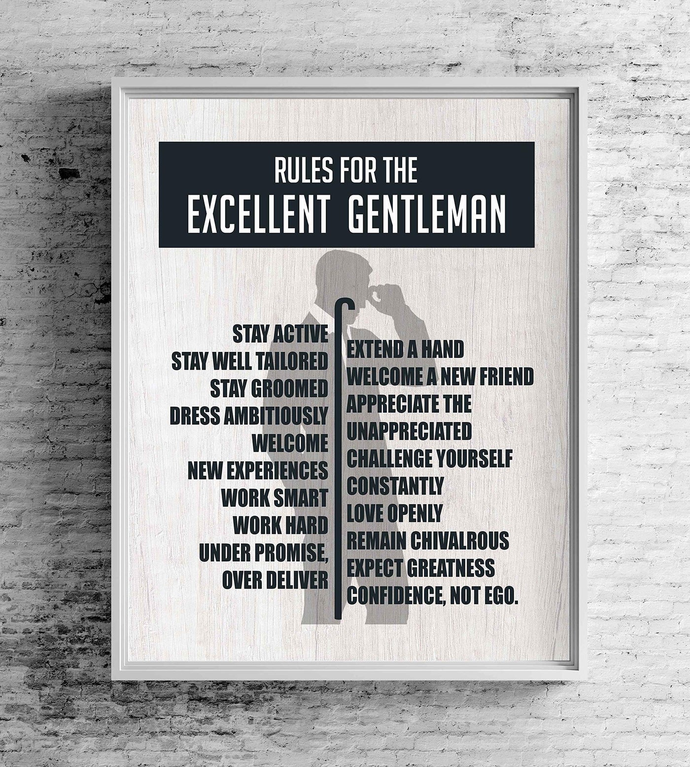 Rules for the Excellent Gentleman Inspirational Gentlemen Quotes Wall Art -8 x 10" Modern Poster Print w/Man Silhouette-Ready to Frame. Home-Office-Man Cave-Shop Decor. Great Tips for All Men!