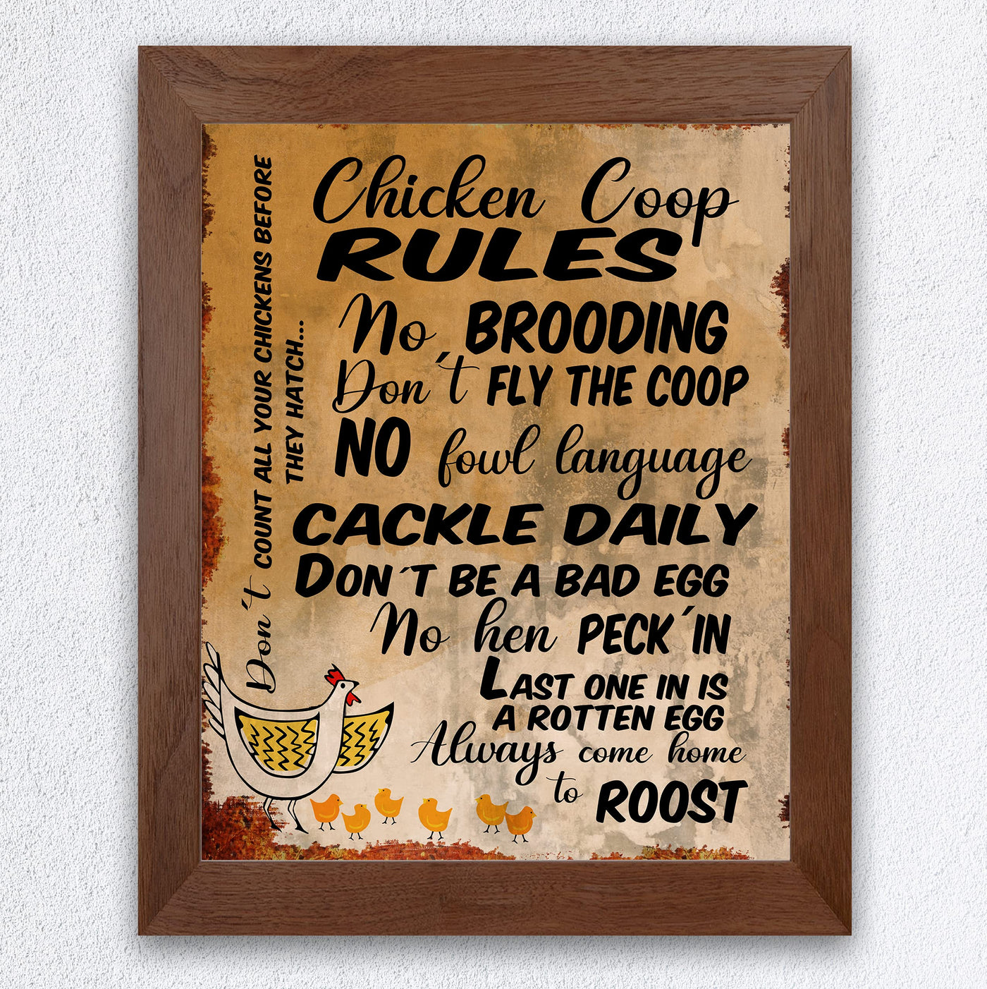 Chicken Coop Rules-Cackle Daily-Funny Farmhouse Wall Sign -8 x 10" Rustic Chicken Art Print-Ready to Frame. Retro Country Decor for Home-Kitchen-Farm-Patio. Great Gift! Printed on Photo Paper.