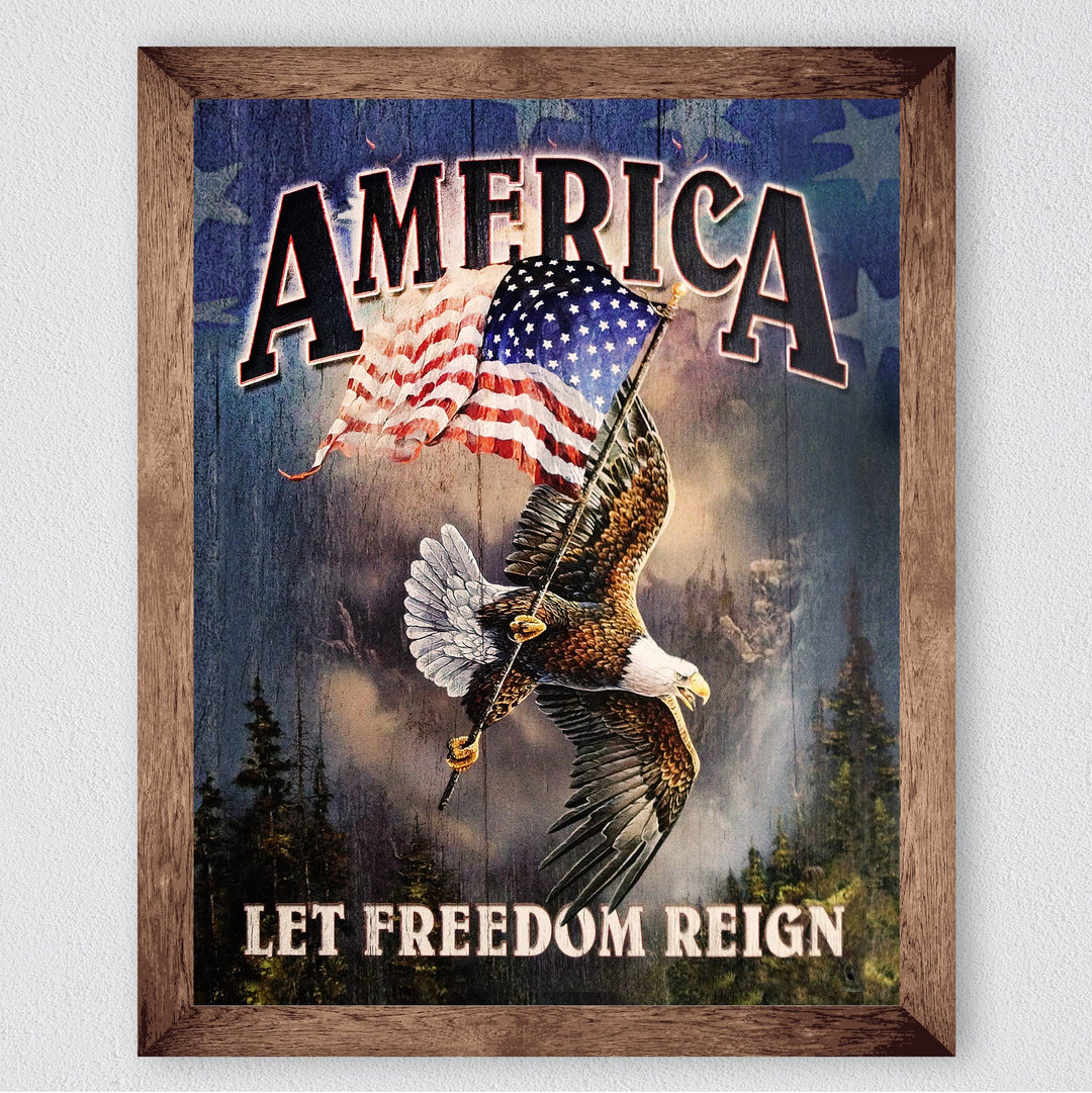 America-Let Freedom Reign-Rustic American Flag Wall Art -8 x 10" Patriotic USA Eagle Print -Ready to Frame. Home-Office-School-Bar-Cave Decor! Great Gift for Military-Veterans &amp; All Patriots!