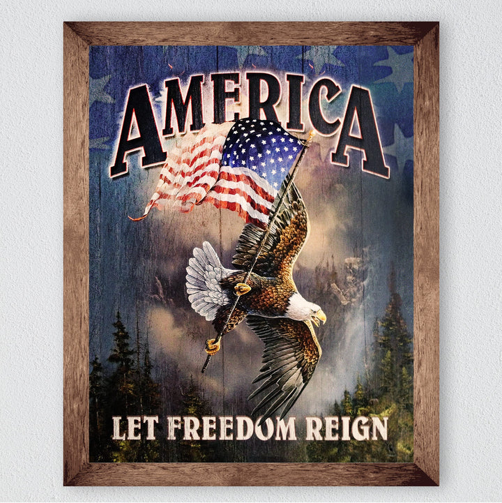 America-Let Freedom Reign-Rustic American Flag Wall Art -8 x 10" Patriotic USA Eagle Print -Ready to Frame. Home-Office-School-Bar-Cave Decor! Great Gift for Military-Veterans &amp; All Patriots!