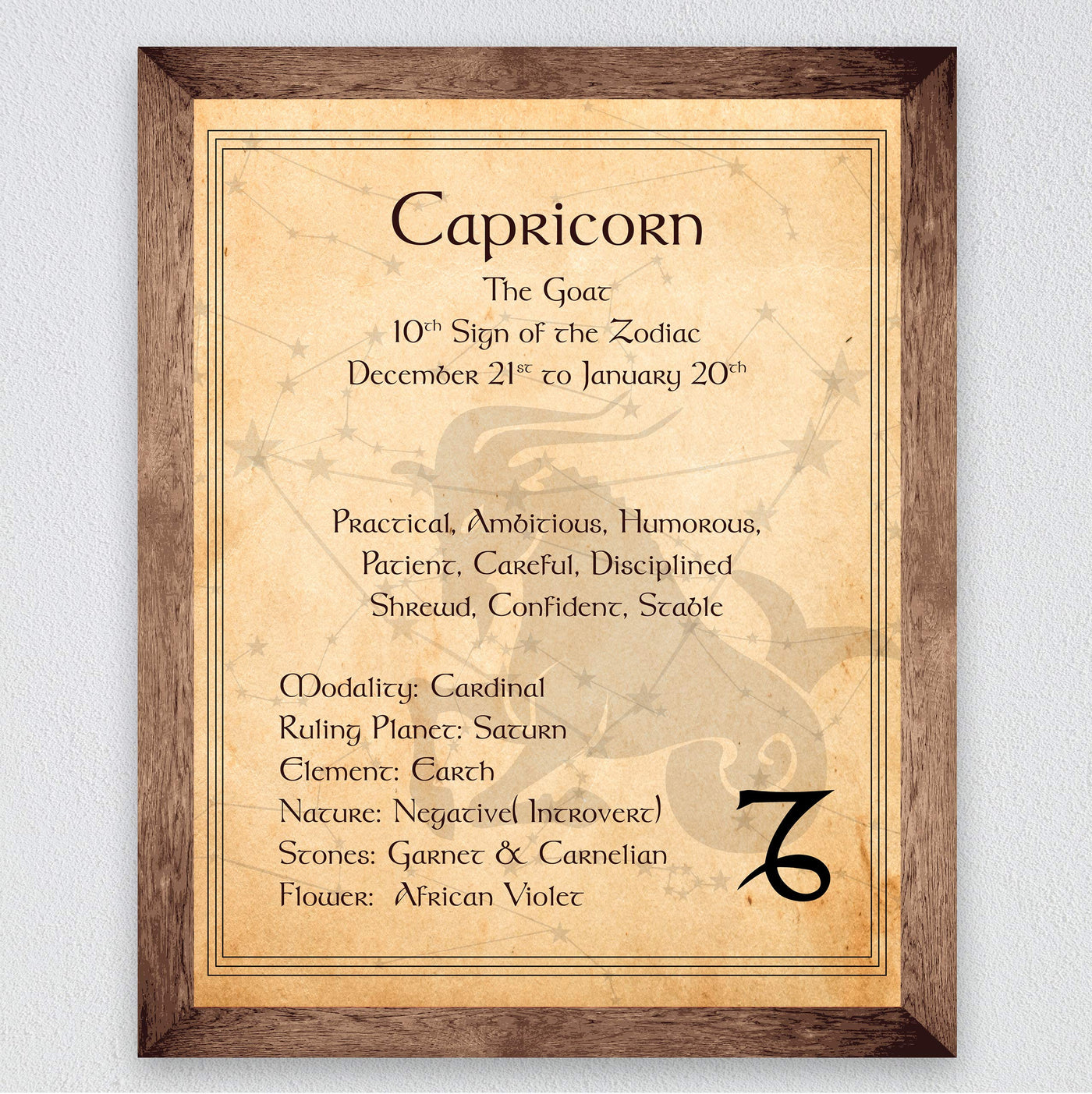 Capricorn-The Goat- Zodiac Sign Wall Art. 8 x 10" Print Wall Print-Ready to Frame. Constellation Design-Astrology Decor for Home-Office-Bedroom. Horoscope's Adjectives-Primary Elements. Great Gift!