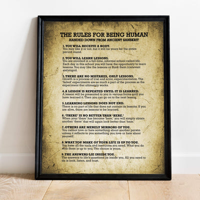 The Rules for Being Human Motivational Quotes Wall Sign-11 x 14" Inspirational Distressed Poster Print-Ready to Frame. Positive Home-Office-School-Studio Decor. Perfect Life Lessons for All!