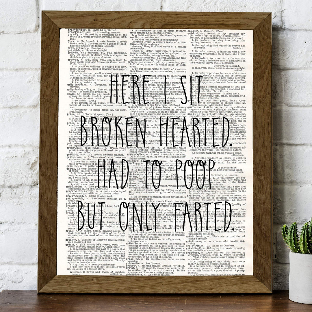 Funny Bathroom Wall Art-"Here I Sit Broken Hearted-Had to Poop-Only Farted"-8 x 10" Modern Newspaper Design Art Print-Ready to Frame. Humorous Decor for Home-Guest Bathroom. Great Housewarming Gift!