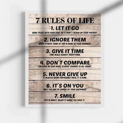 Seven Rules of Life Inspirational Quotes Wall Art-11 x 14" Motivational Poster Print w/Replica Wood Design-Ready to Frame. Home-Office-School Decor. Great for Inspiration! Printed on Photo Paper.