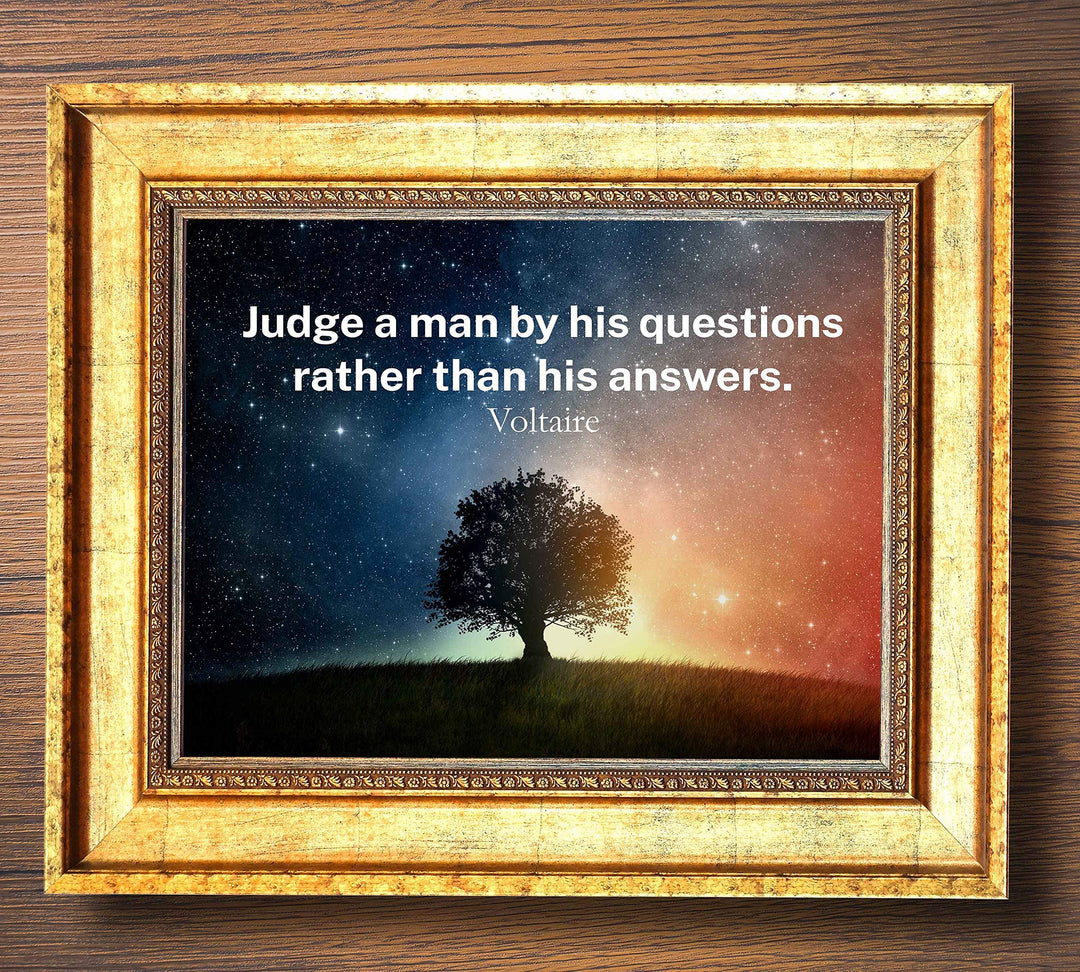Voltaire Quotes Wall Art-"Judge A Man By His Questions"-10x8" Starry Night Typographic Print-Ready to Frame. Inspirational Home-Office-Classroom-Library Decor. Great Gift of Philosophy &amp; Inspiration!
