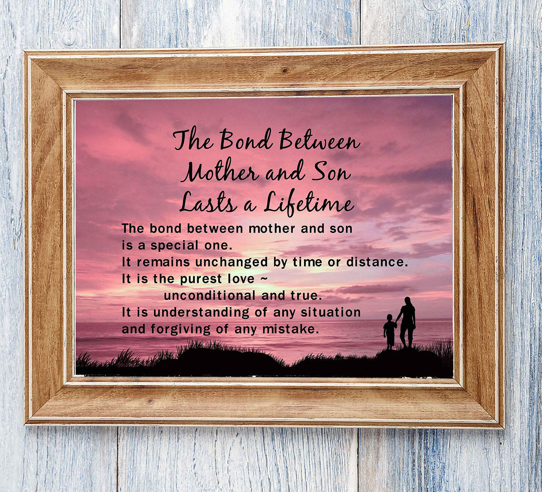 Bond Between Mother &amp; Son Lasts A Lifetime Inspirational Wall Art Sign -10 x 8" Typographic Poster Print-Ready to Frame. Lifetime Keepsake for Any Son On Any Occasion. Great Graduation Gift!