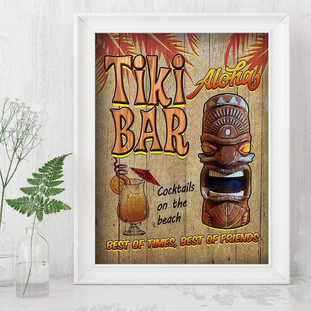 Tiki Bar-Cocktails on the Beach Funny Hawaiian Themed Sign -8 x 10" Tropical Wall Art Print w/Replica Wood Design-Ready to Frame. Fun Home-Pool-Beach House-Ocean Decor. Printed on Photo Paper.