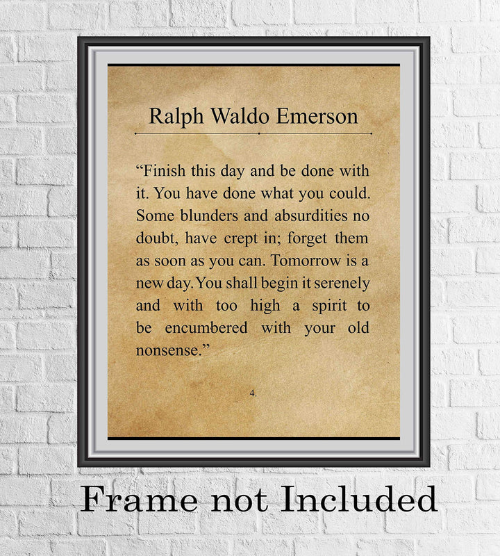 Ralph Waldo Emerson-"Finish This Day &amp; Be Done With It"- Inspirational Poem Page Print- 8 x 10" Poetic Wall Art. Distressed Parchment Print-Ready To Frame. Perfect Home-Office-Study-School Decor!
