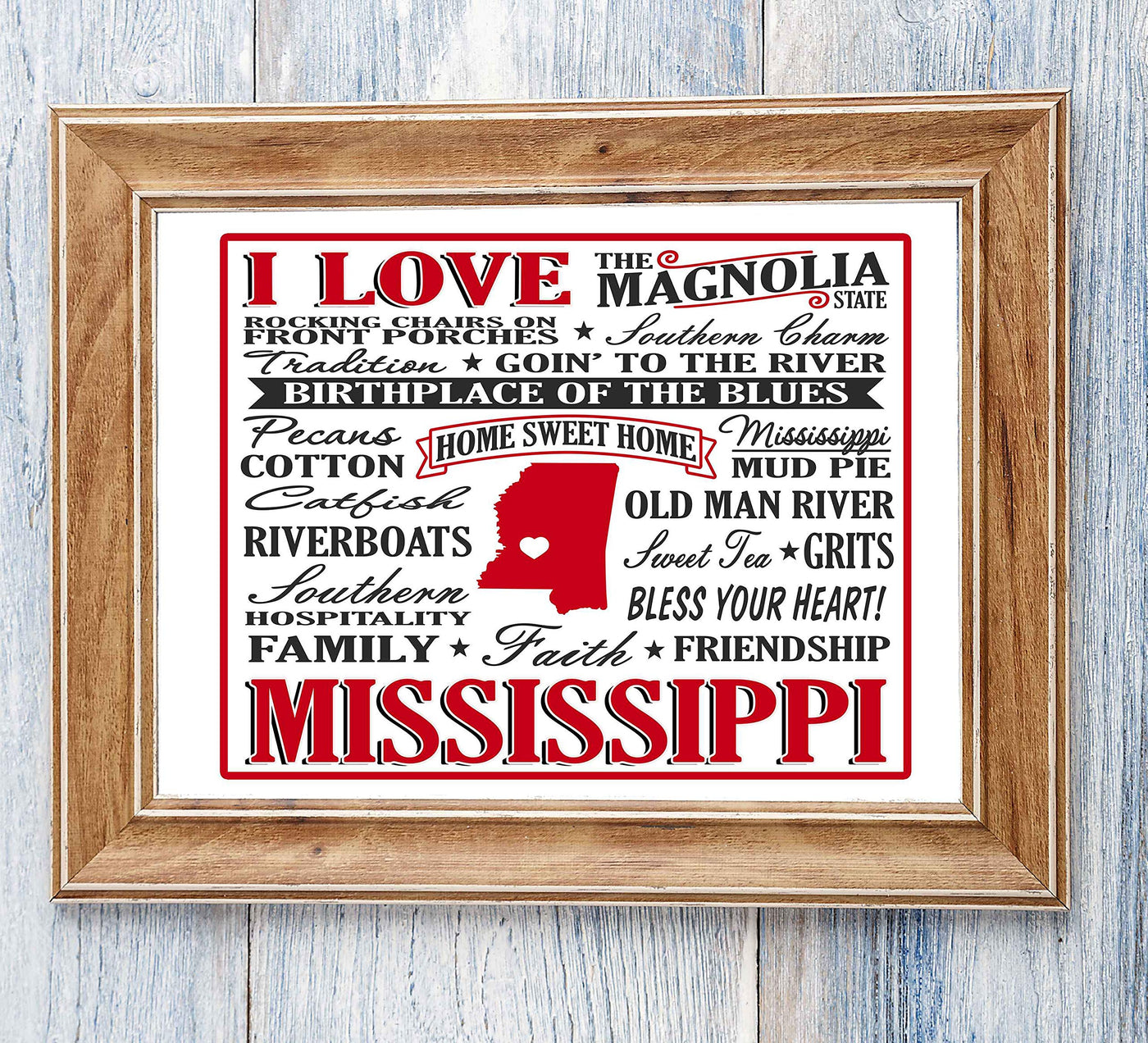 I Love Mississippi Because- Word Art Wall Sign- 10 x 8" -Vintage Typographic Poster Print-Ready to Frame. Perfect Decor for Home-Office-Studio-Bar-Cafe-Dorm. Great Display of State Pride!