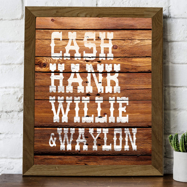 Cash, Hank, Willie &amp; Waylon Country Music Legends -8 x 10" Rustic Typographic Poster Print w/Distressed Wood Design. Perfect for Home-Studio-Bar-Man Cave Decor. Printed on Paper, Not Wood.