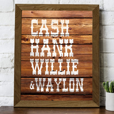 Cash, Hank, Willie & Waylon Country Music Legends -8 x 10" Rustic Typographic Poster Print w/Distressed Wood Design. Perfect for Home-Studio-Bar-Man Cave Decor. Printed on Paper, Not Wood.