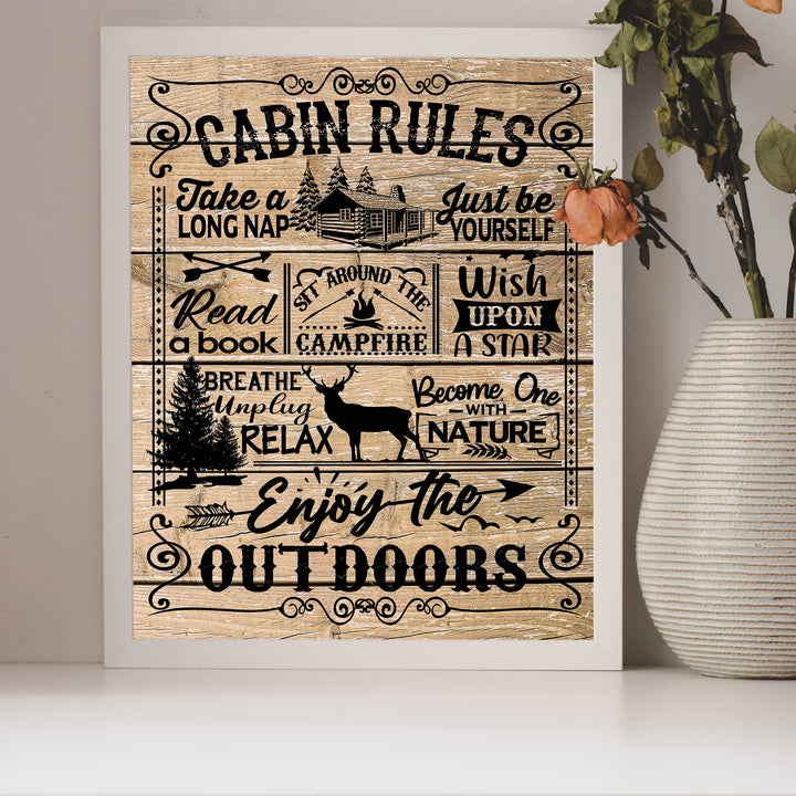 Cabin Rules- Rustic Wall Decor -8 x 10" Replica Distressed Wood Print-Ready to Frame. Perfect Wall Decor for Lake House-Lodge. Great Reminders to Relax and Enjoy Life! Printed on Photo Paper.